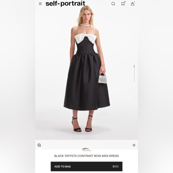 Self Portrait BLACK TAFFETA CONTRAST BOW MIDI DRESS - Picture 1 of 1